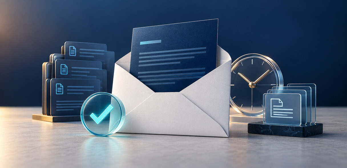 Ilustra&ccedil;&atilde;o de notifica&ccedil;&atilde;o por e-mail com documento, confirma&ccedil;&atilde;o de entrega, rel&oacute;gio e registros digitais