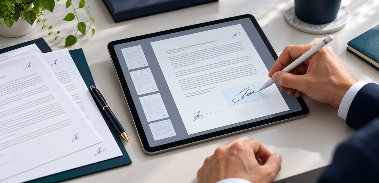 Ilustração de rubricas nas páginas e assinatura de um contrato eletrônico em tablet